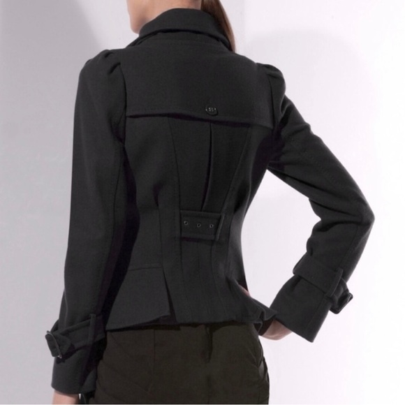 BCBG Max Azria Wool/ Poly/ Cashmere Ruffle Jacket w Button Detail; Size M/L - Picture 2 of 16